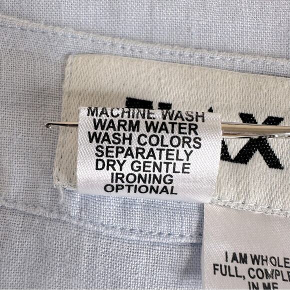 FLAX 100% Linen Light Blue Over Size Button Crew Neck Long Sleeve Pockets Sz L - Picture 12 of 14